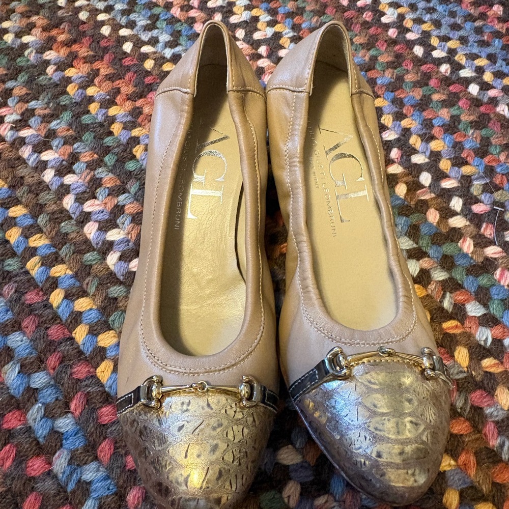 AGL Taupe Leather Ballet Flats with Gold Embossed Toe and Bit Detail